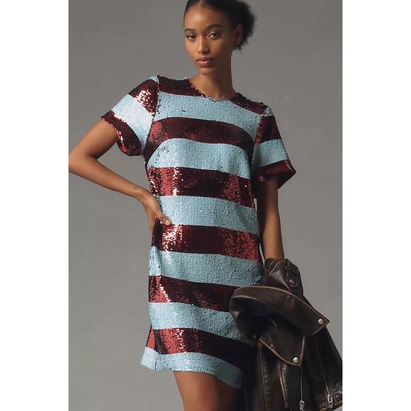 Maeve Anthropologie Blue Motif Short Sleeve Sequin Striped Mini Dress Size 2X